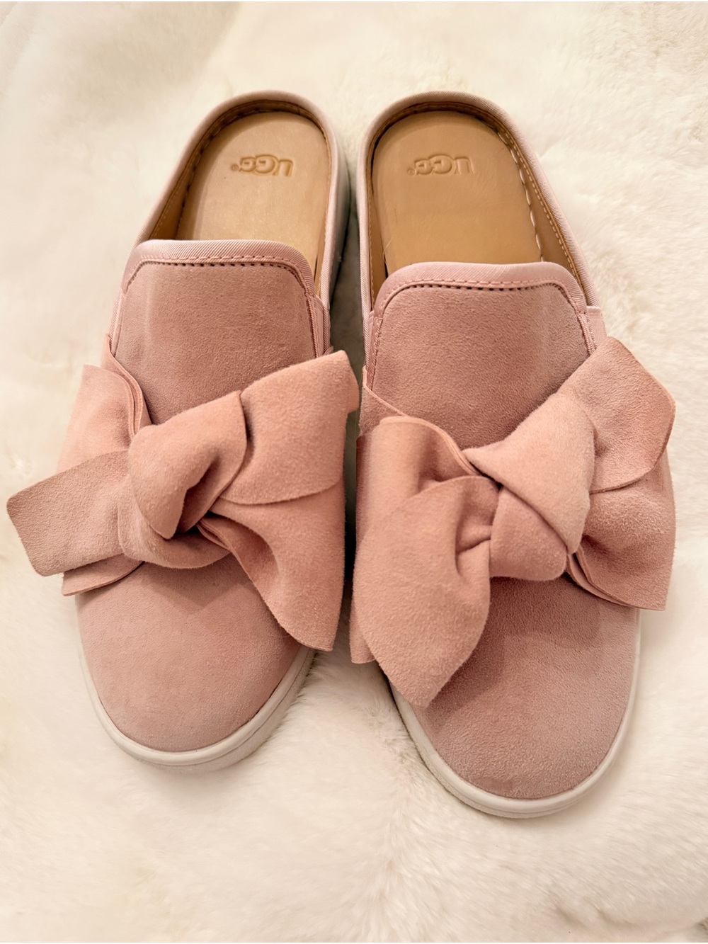 UGG Women's Blush Pink Suede Bow Slip-On Mules